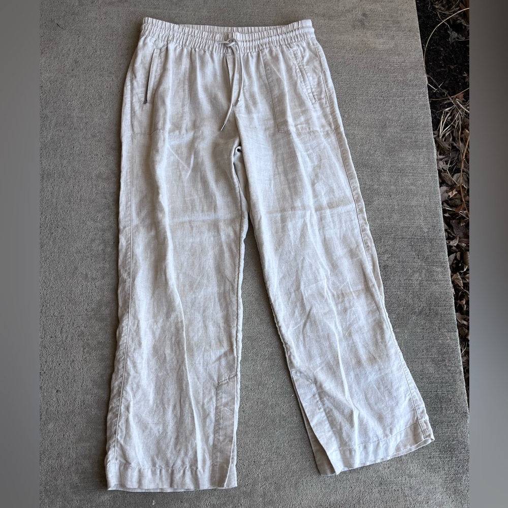 Athleta tan cream straight leg linen large tall stretchy pants NWOT